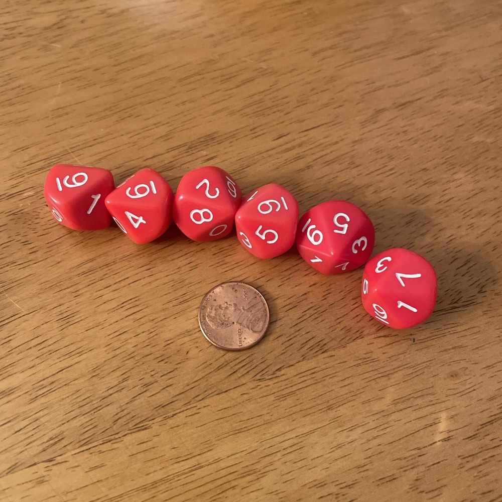 10 Sided Red Dice Set Of 6 Math Games Homeschool Numbers 0-9 DICE